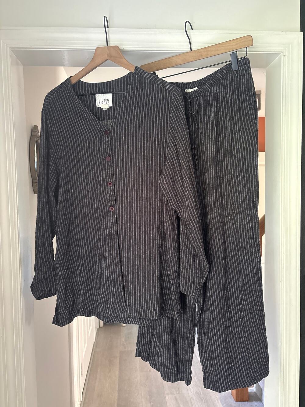 Eileen Fisher | Linen Blend Stripe Button Up Top Crop Wide Leg Pants Medium